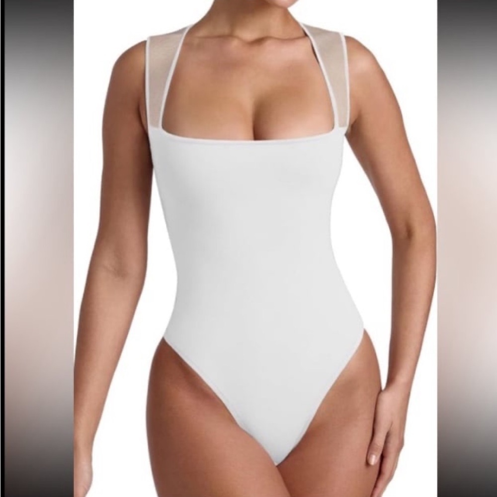 REORIA Women’s Sexy Square Neck Mesh Sheer Double Lined Thong Bodysuit NWT L